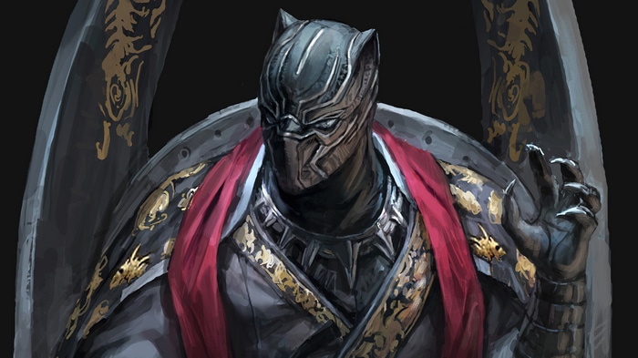 Black Panther in ornate armor with red cape 4K
