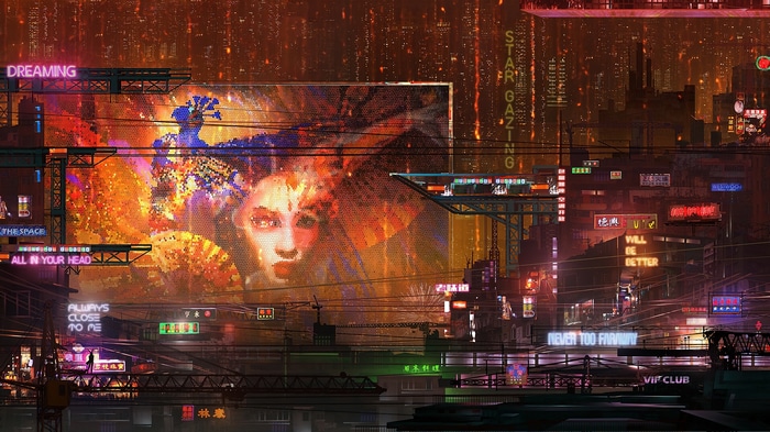 Cyberpunk Cityscape with Digital Billboard