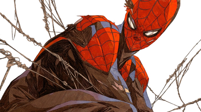 Spider-Man in a torn suit with webs