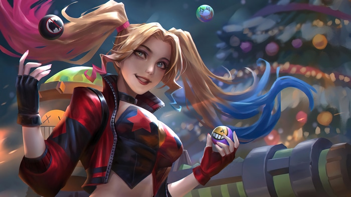 Harley Quinn juggling balls near a Christmas tree