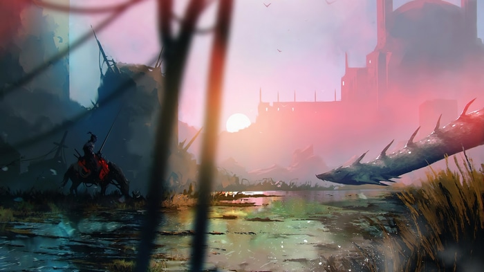 Fantasy Warrior and Dragon in a Misty Landscape 4K