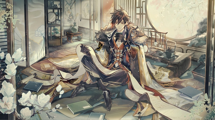 Zhongli from Genshin Impact in traditional attire