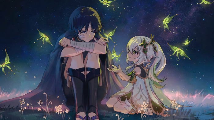 Genshin Impact: Wanderer and Nahida with glowing butterflies