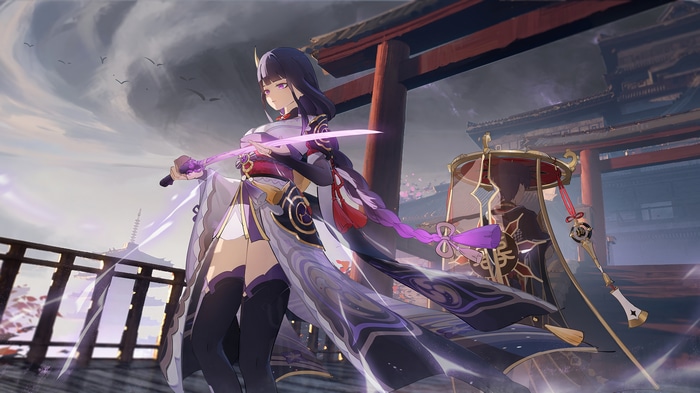 Raiden Shogun from Genshin Impact holding a sword
