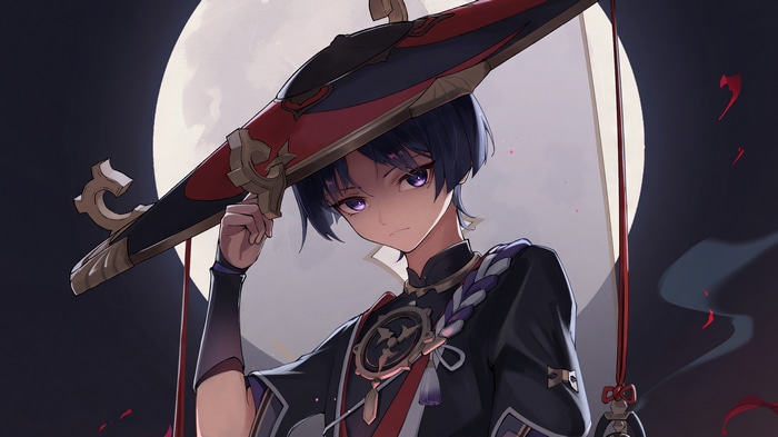 Scaramouche from Genshin Impact under the moon