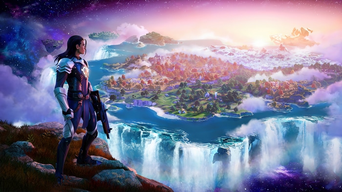 Fortnite character overlooking a floating island map