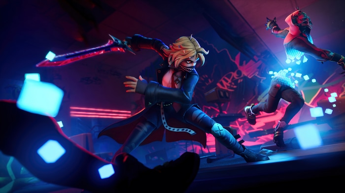 Fortnite characters with glowing swords and cubes
