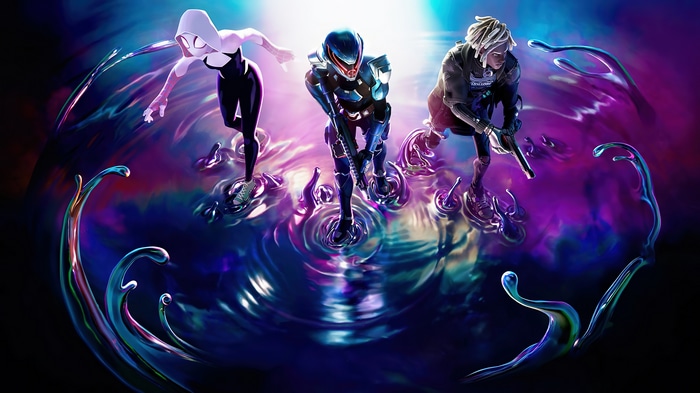 Fortnite characters on a colorful, liquid surface