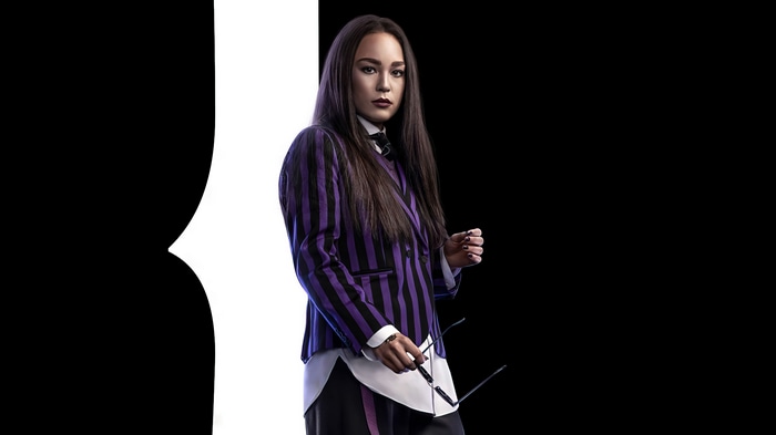 Wednesday Addams in a Purple Striped Suit 4K