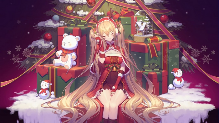 Anime Girl in Santa Outfit with Christmas Tree and Gifts 4K