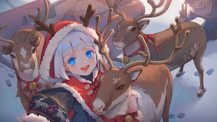 Anime girl in Santa outfit with reindeer in snow