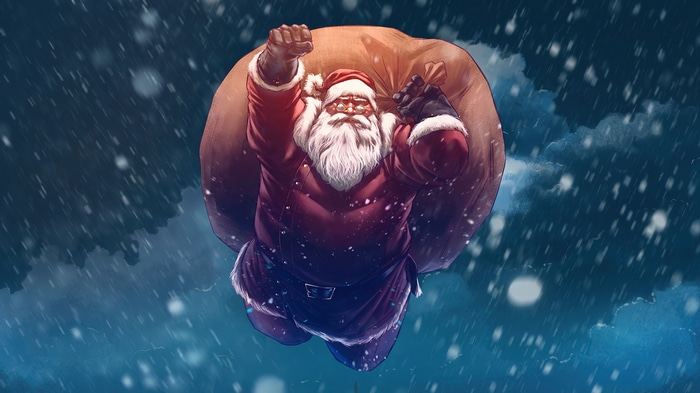 Santa Claus flying with a sack of gifts