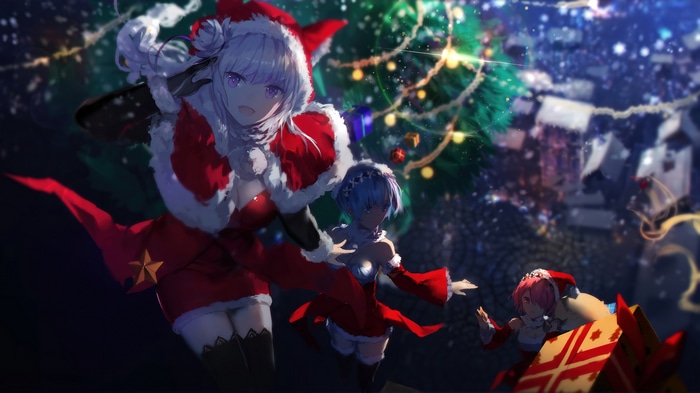 Anime Girls in Santa Outfits with Christmas Tree 4K