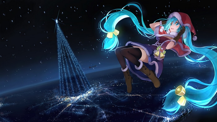Hatsune Miku in Christmas Outfit with Tree 4K
