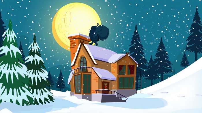 Santa Claus on a snowy house roof at night