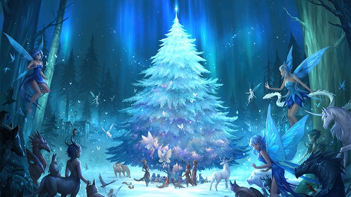 Fantasy Forest Christmas Tree with Fairies and Mythical Creatures 4K