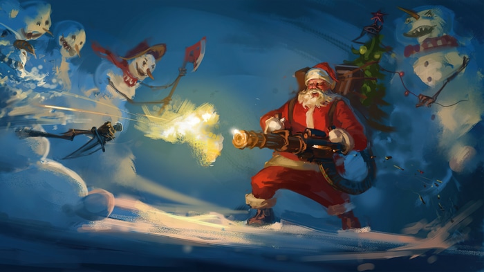 Santa Claus fighting evil snowmen with a minigun 4K