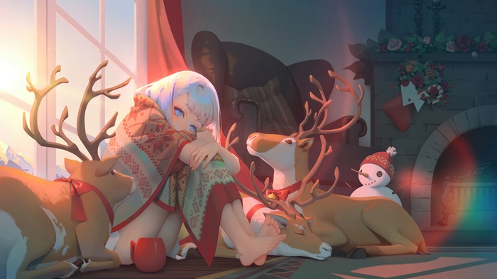 Anime girl with reindeer and snowman on Christmas