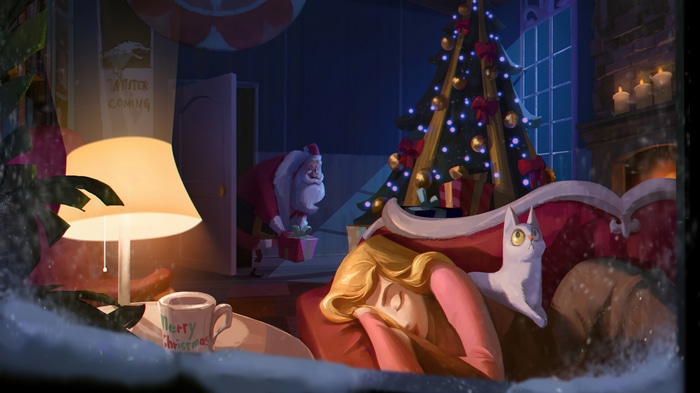 Santa Claus Sneaking Gifts by Christmas Tree 4K