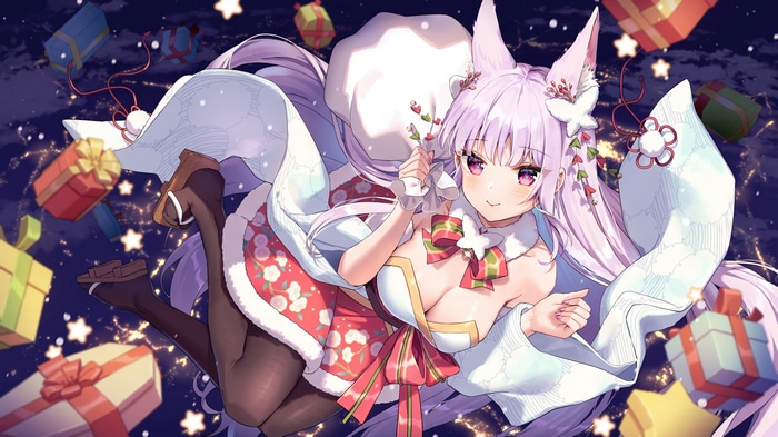 Cute Anime Girl with Fox Ears and Gifts 4K