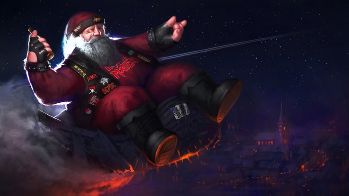 Heavy Metal Santa Claus Flying Over Town 4K