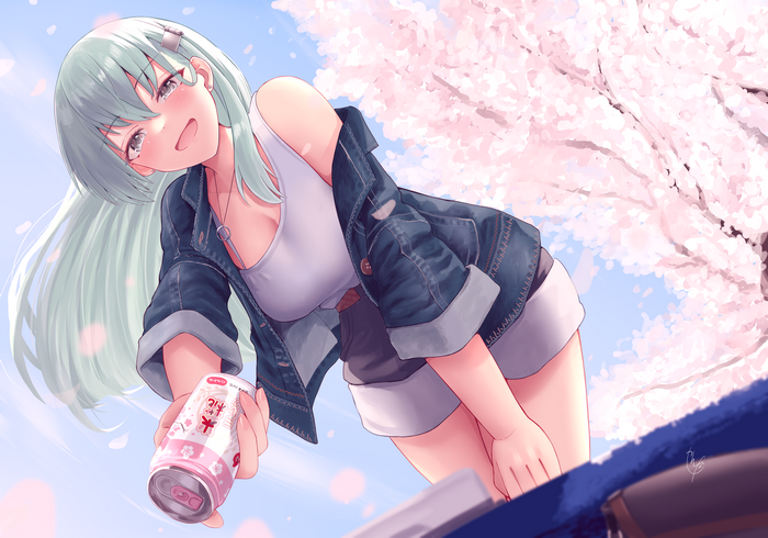 Suzuya (Kancolle) holding a drink under cherry blossoms