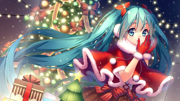 Hatsune Miku in a Christmas Outfit with Gifts and Tree 4K