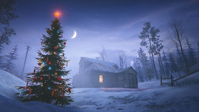 Christmas Tree and Cabin in Snowy Landscape 4K