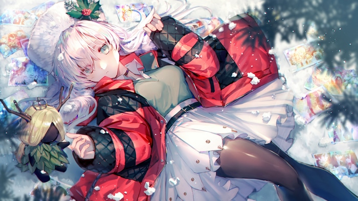 Anime Girl in Christmas Outfit Lying in Snow with Photos