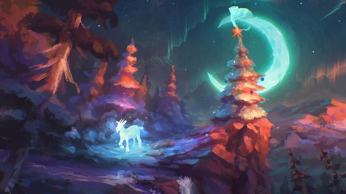 Fantasy Christmas Forest with Goat and Moon