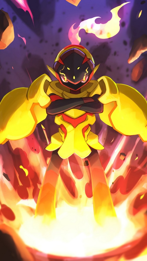 Armarouge surrounded by fire and rocks