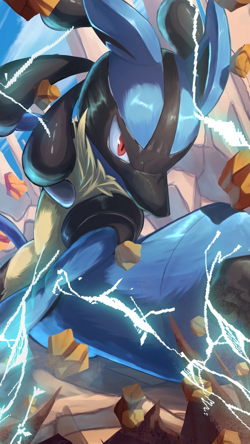 Lucario using Aura Sphere in a rocky environment