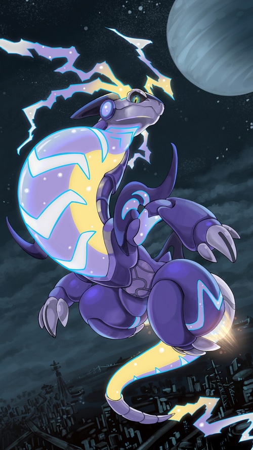 Miraidon flying over a city at night