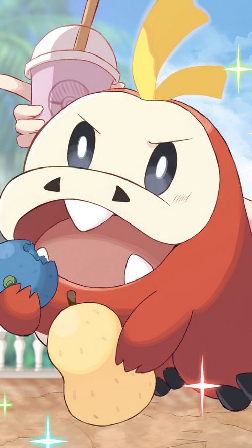 Fuecoco eating fruit and drinking from a cup