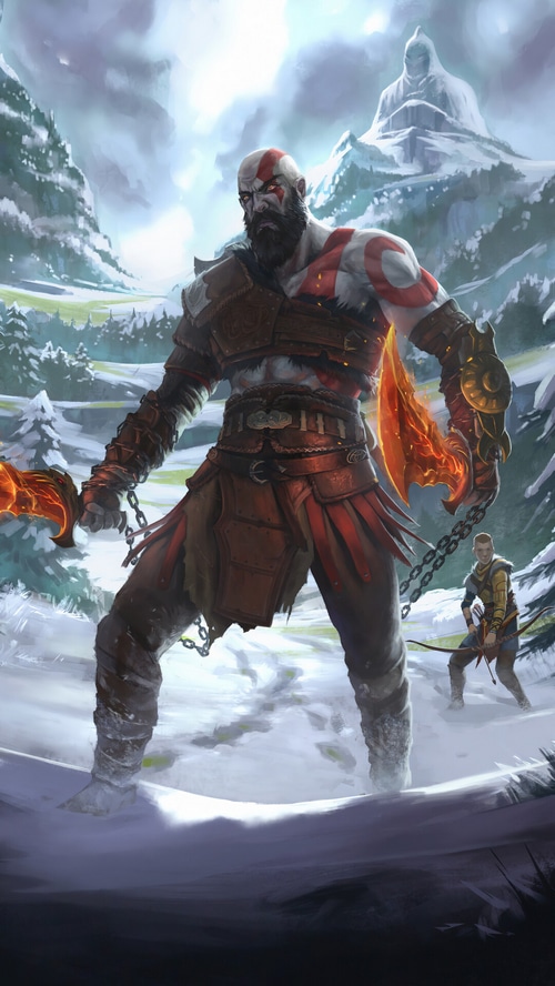 Kratos in a snowy landscape with a bowman