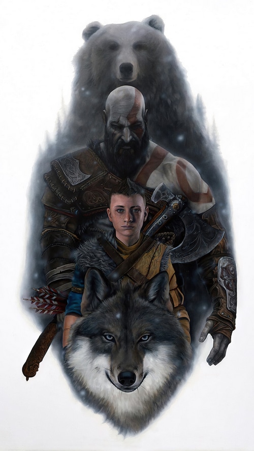 God of War Kratos and Atreus with Bear and Wolf