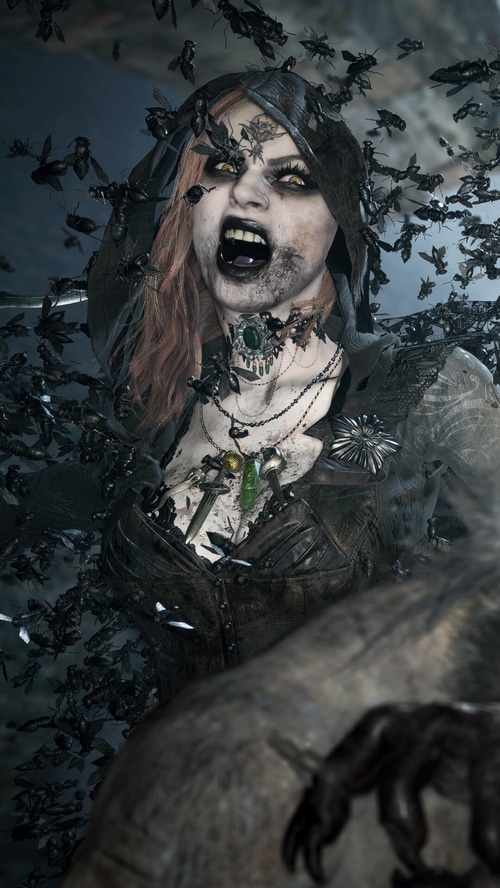 Resident Evil Village: Bela Dimitrescu surrounded by insects