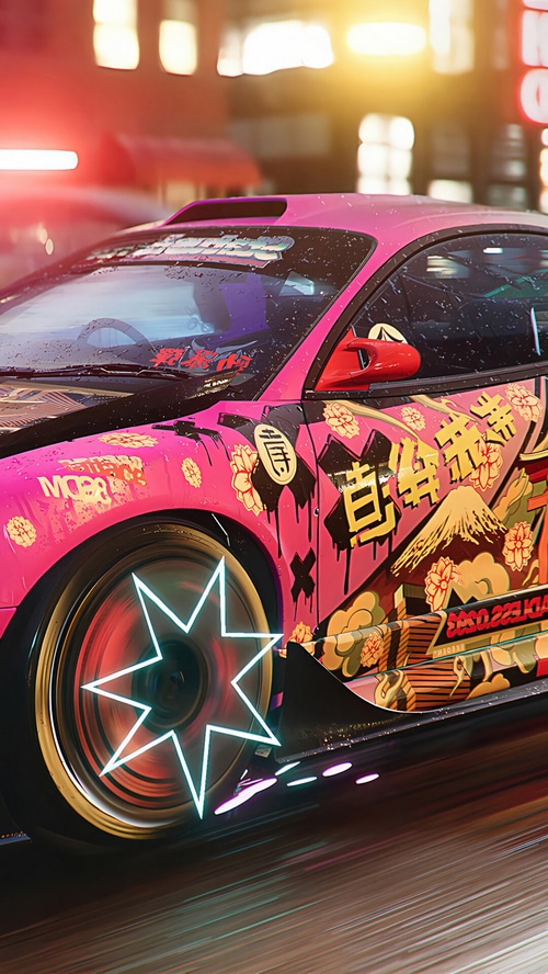 Need for Speed Unbound Pink Sports Car with Japanese Art