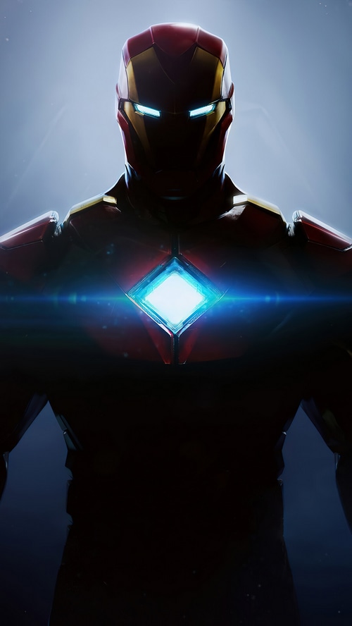 Iron Man in his suit with glowing eyes and chest piece