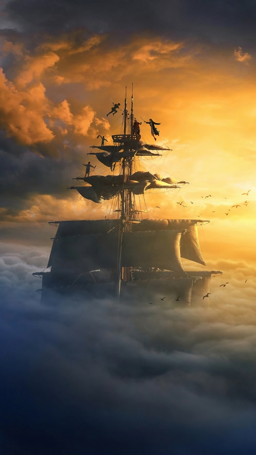 Peter Pan and Wendy on a pirate ship in the clouds