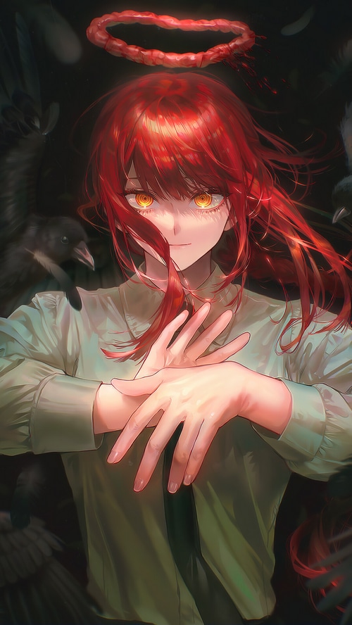 Makima from Chainsaw Man with a bloody halo