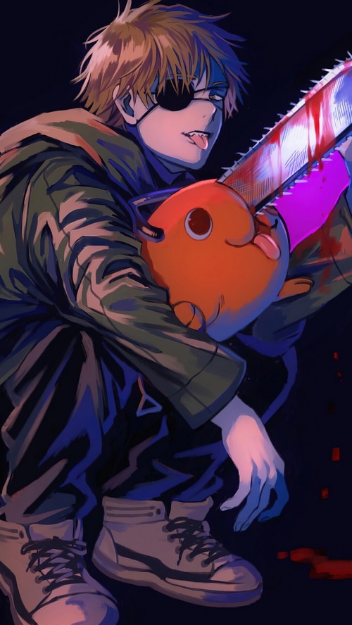 Denji holding Pochita with a chainsaw