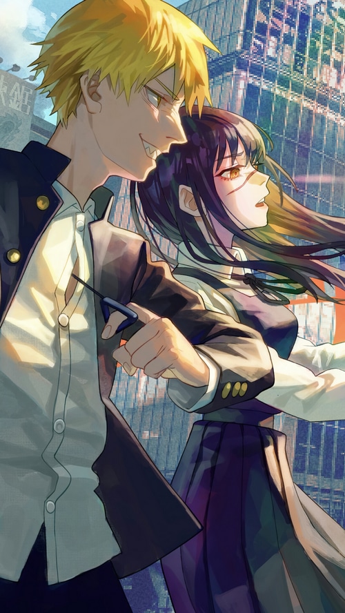 Denji and Nayuta from Chainsaw Man in the city