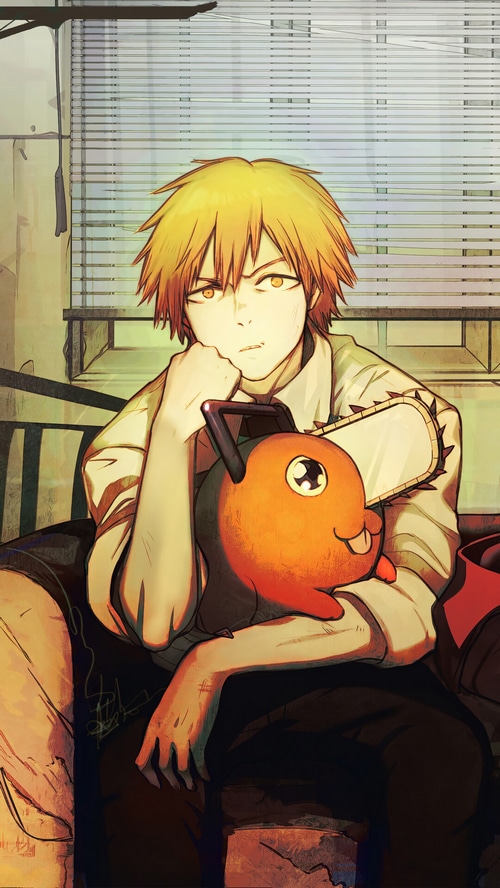 Chainsaw Man Denji and Pochita sitting