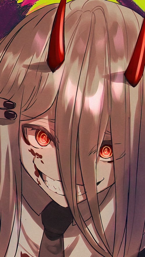 Power from Chainsaw Man with red eyes and horns