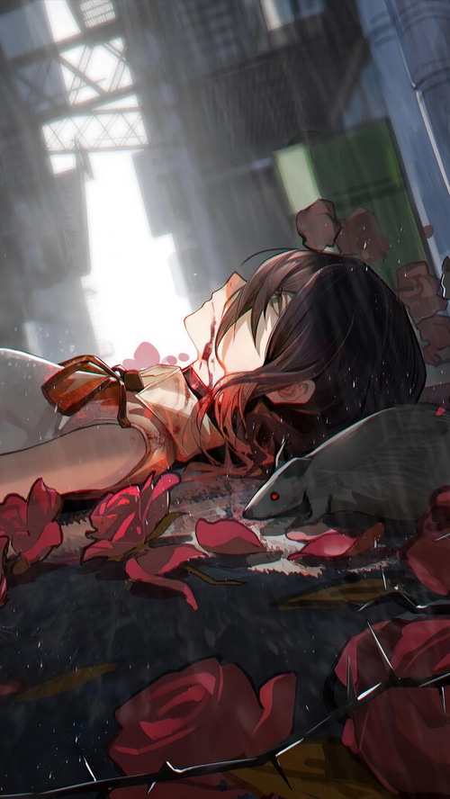 Chainsaw Man: Reze lying in blood with roses and a rat