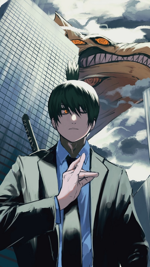 Aki Hayakawa and a giant fox demon in Chainsaw Man