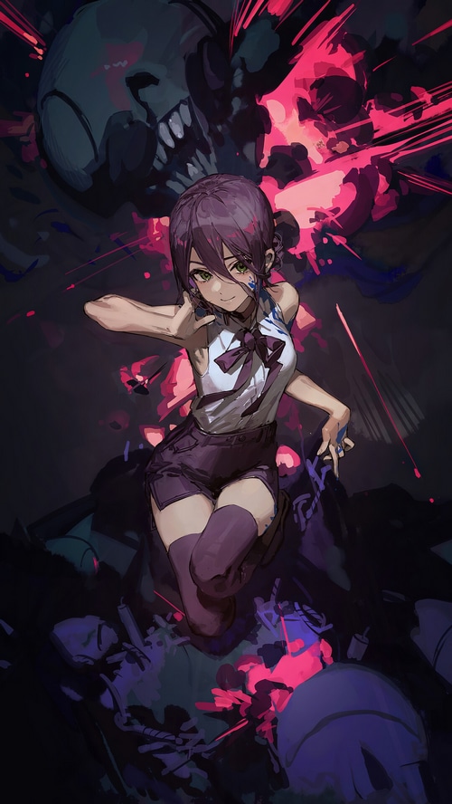 Reze from Chainsaw Man with a skull background