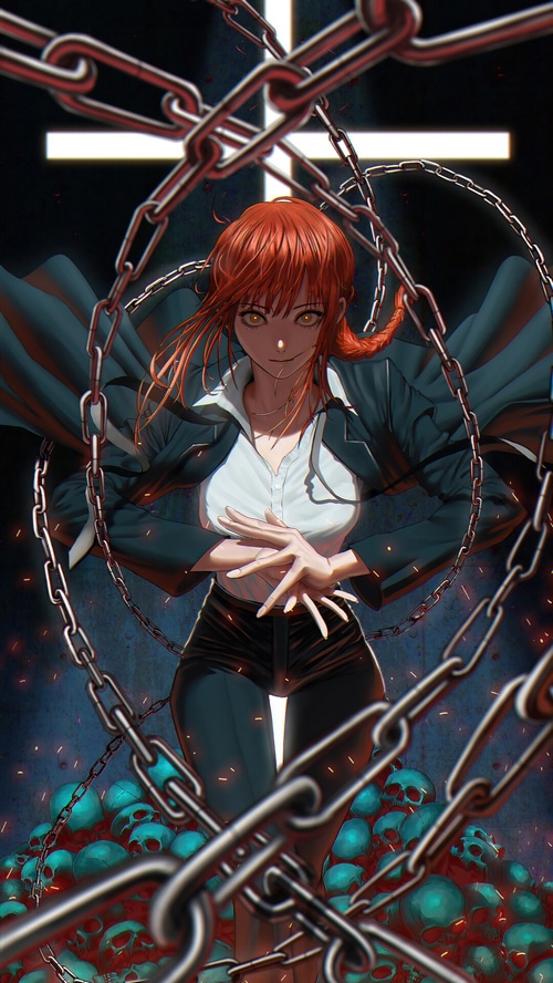 Makima from Chainsaw Man surrounded by chains and skulls