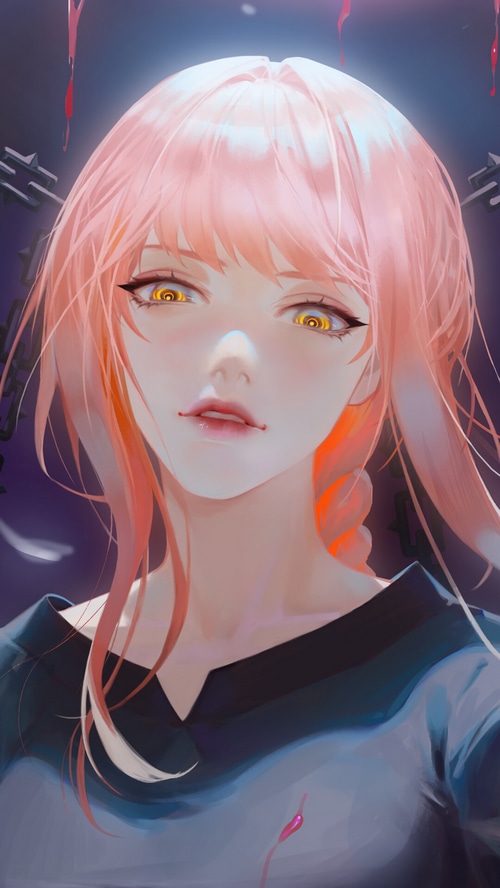 Makima from Chainsaw Man with pink hair and yellow eyes